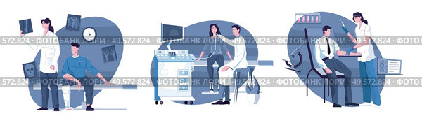 Medical examination set of three isolated compositions with flat characters of patients doctors and diagnostics equipment vector illustration. Стоковая иллюстрация, агентство Ingram Publishing / Фотобанк Лори