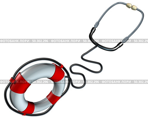 Medical help symbol and health care insurance iconas a stethoscope shaped as a lifesaver or life saver hospital and medicine treatment and therapy or vaccine concept as a 3D illustration. Стоковое фото, агентство Ingram Publishing / Фотобанк Лори