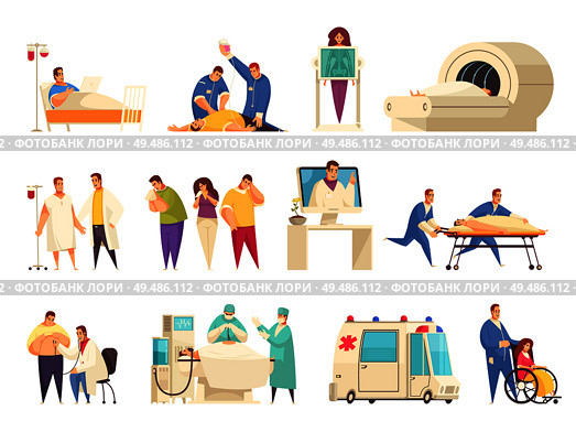 Medical isolated icon set with er nursing home hospitalization reanimation mri descriptions vector illustration. Стоковая иллюстрация, агентство Ingram Publishing / Фотобанк Лори