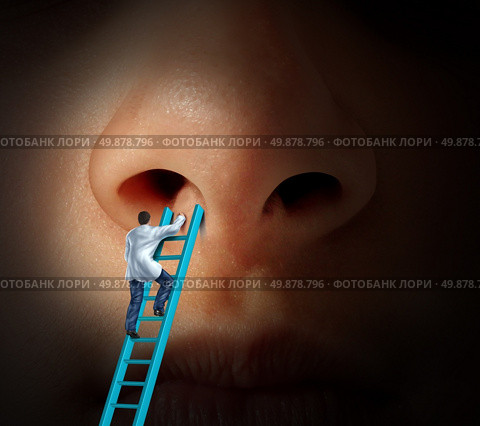 Medical nose care concept with a doctor climbing a ladder to examin if rhinoplasty or cosmetic plastic surgery is needed and for a diagnosis on a patient that may have breathing problems due to infection or nasal or sinus disease. Стоковое фото, агентство Ingram Publishing / Фотобанк Лори