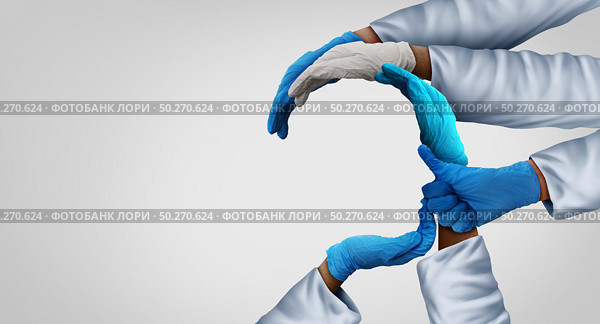 Medical partnership and hospital medicine team as a group of doctors joining together as physicians unified as medicine research teamwork for patient care in a 3D illustration style. Стоковое фото, агентство Ingram Publishing / Фотобанк Лори