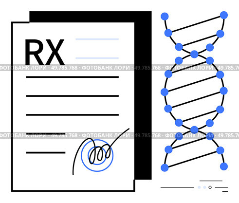 Medical prescription with cursive signature beside DNA double helix. Ideal for healthcare, genetics, personalized medicine, pharmaceuticals, medical research, biotechnology, genomic studies. Line. Medical prescription and DNA double helix representing personalized medicine and genetic research. Стоковая иллюстрация, агентство Ingram Publishing / Фотобанк Лори
