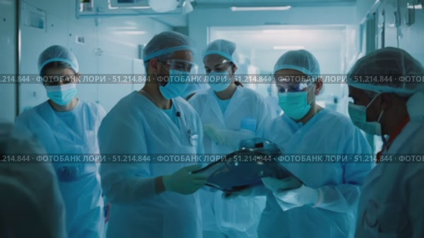 Medical professionals in protective equipment actively engage in patient care and safety protocols at a hospital amidst the pandemic. Стоковое AI-видео, аниматор Данила Большаков / Фотобанк Лори