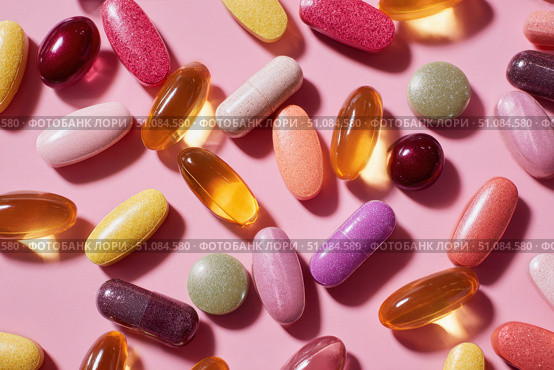 Medicine Pills on Pink Background. Medicinal Capsules and Tablets for Health. Vitamin and health supplement, colorful pills various types multivitamins and tablets. Antiviral, pharmaceutical products. Стоковое AI-изображение, AI-художник Марина Демидюк / Фотобанк Лори
