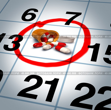 Medicine reminder health care concept as a month calendar with a prescription pill bottle circled and highlighted as a metaphor for a patient to remember taking their medication at a scheduled time and expiration date for pills. Стоковое фото, агентство Ingram Publishing / Фотобанк Лори