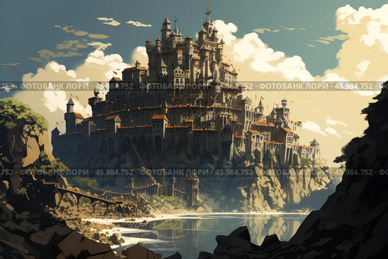 Medieval castle perched on rocky cliff reflecting in serene lake. Стоковое AI-изображение, AI-художник Иван Рябоконь / Фотобанк Лори
