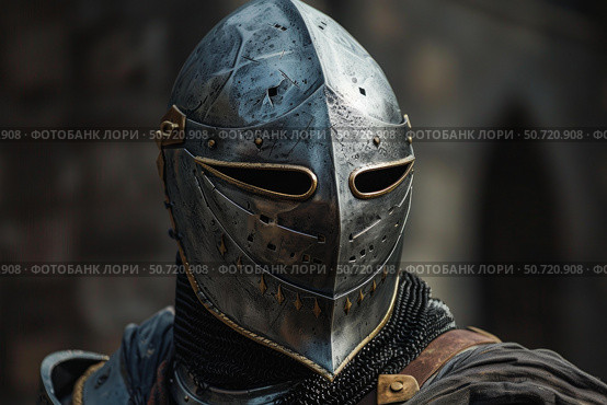 Medieval knight wearing helmet and chainmail, protecting history and heritage. Стоковое AI-изображение, AI-художник Иван Рябоконь / Фотобанк Лори