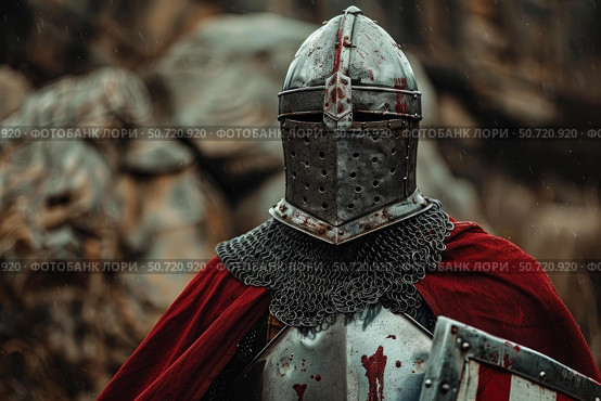 Medieval knight wearing helmet and chainmail with red cape and shield. Стоковое AI-изображение, AI-художник Иван Рябоконь / Фотобанк Лори