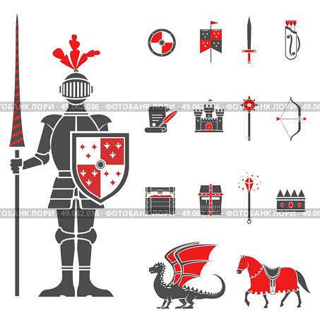Medieval knights black red icons set . Medieval castle knight with lance and shield icons set and dragon red black abstract isolated vector illustration. Стоковая иллюстрация, агентство Ingram Publishing / Фотобанк Лори