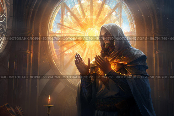 Medieval monk praying in front of illuminated stained glass window. Стоковое AI-изображение, AI-художник Иван Рябоконь / Фотобанк Лори