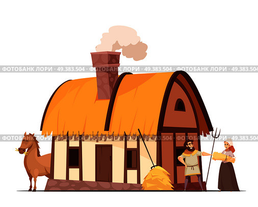 Medieval peasant family household with hatched roof house backyard horse and stack of hay cartoon vector illustration . Medieval Peasant Household Cartoon Illustration . Стоковая иллюстрация, агентство Ingram Publishing / Фотобанк Лори