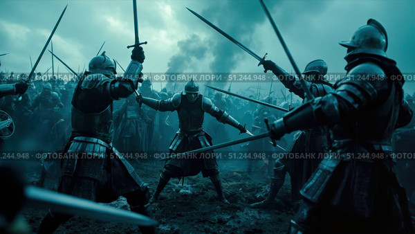 Medieval soldiers fighting with swords in a large battle. Стоковое фото, фотограф David Kashakhi / Фотобанк Лори