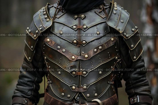 Medieval warrior wearing chest plate armor standing in a forest. Стоковое AI-изображение, AI-художник Иван Рябоконь / Фотобанк Лори