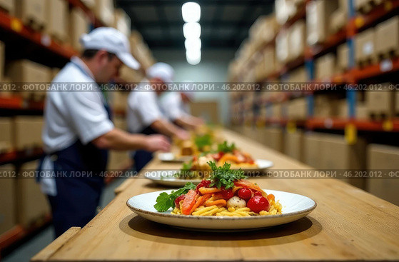 Mediterranean cuisine. Chefs prepare a dish for serving in a restaurant in a kitchen with a long table. Delivery department. Стоковое AI-изображение, AI-художник Коханова Наталья / Фотобанк Лори