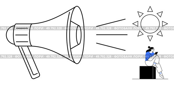 Megaphone projecting rays toward sun and woman reading, conveying powerful communication and clarity. Ideal for marketing, announcements, inspiration, awareness, education, motivation. Line metaphor. Megaphone Amplifying Message with Sun Rays and Woman Reading Nearby, Symbolic Communication Concept. Стоковая иллюстрация, агентство Ingram Publishing / Фотобанк Лори