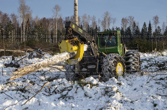 Механизированная вырубка леса. Трелевочный трактор John Deere 748H в работе. Mechanized felling clearing. John Deere 748H skidder at work. Стоковое фото, фотограф Евгений Романов / Фотобанк Лори