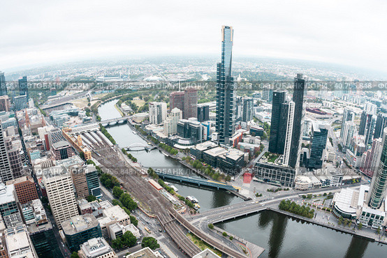 Melbourne, Australia - January 7, 2009: Aerial view of Melbourne taken from the Rialto tower. Fisheye image. Редакционное фото, фотограф VittoriaChe / Фотобанк Лори