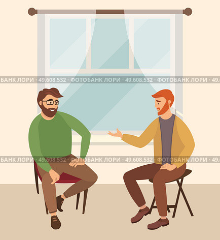 Men are sitting on large brown stools. The psychologist is asking questions. Men are communicating with each other. Man is helping male character solve gaps. Psychotherapy session vector illustration. Man with glasses with a beard sits on a stool. The psychologist sits and asks the questions. Стоковая иллюстрация, агентство Ingram Publishing / Фотобанк Лори
