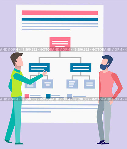 Men characters discussing scheme, strategy of successful work. Workers standing near table, colleagues presenting, employee brainstorming, presenter vector. Workers Men Presenting Scheme, Strategy Vector. Стоковая иллюстрация, агентство Ingram Publishing / Фотобанк Лори
