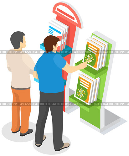 Men looking at presentation stand with product catalogs. Advertising, marketing company, promotion, distribution concept. Male characters choosing books, magazines. People near announcements on rack. People near announcements on rack. Men looking at presentation stand with product catalogs. Стоковая иллюстрация, агентство Ingram Publishing / Фотобанк Лори