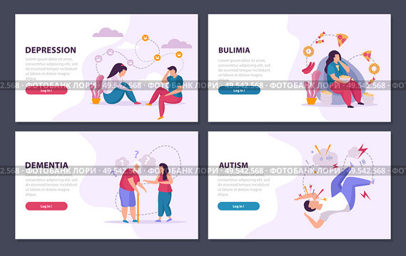 Mental disorders 2x2 design concept set of depression dementia autism bulimia flat compositions vector illustration. Стоковая иллюстрация, агентство Ingram Publishing / Фотобанк Лори