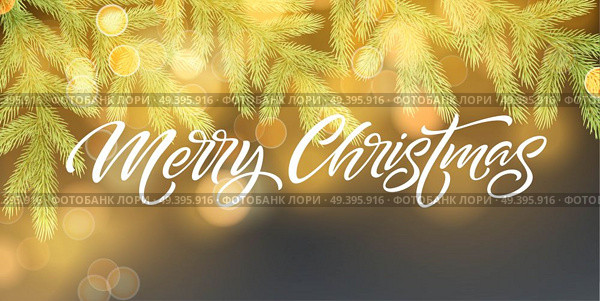 Merry Christmas banner vector template. Realistic fir tree branch with pinecone on blue background with bokeh effect. Xmas lettering with shadow and glowing golden sparkles. Poster, postcard design. Merry Christmas banner vector template. Стоковая иллюстрация, агентство Ingram Publishing / Фотобанк Лори