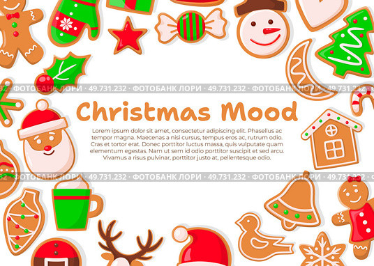 Merry Christmas card. Vector illustration. New Year parties are culmination festive season Sound bells ringing heralds start Christmas festivities A festive poster displays Christmas scenes and icons. Merry Christmas card. A background with snowy scenes sets mood for Merry Christmas card. Стоковая иллюстрация, агентство Ingram Publishing / Фотобанк Лори
