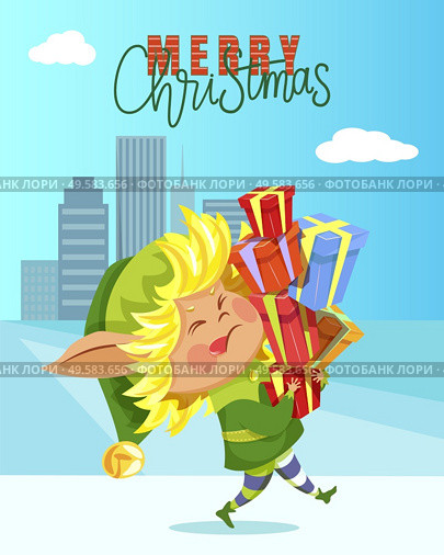 Merry Christmas greeting card elf fairy hero carrying presents. Wish on winter holiday, helper going with gift box near skyscrapers. New Year postcard and funny gnome with greeting symbol vector. Xmas Wish and Elf Character with Presents Vector. Стоковая иллюстрация, агентство Ingram Publishing / Фотобанк Лори