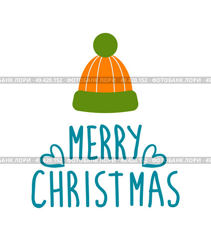 Merry Christmas greetings with warm woolen knitted hat in orange and green colors and big pompon, winter headwear accessory vector illustration. Merry Christmas Greetings with Warm Woolen Hat. Стоковая иллюстрация, агентство Ingram Publishing / Фотобанк Лори