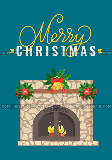 Merry Christmas lettering, stacked stone fireplace with decorations on Xmas Eve, wreaths with bells and mistletoe, vector mantelpiece with burning logs. Merry Christmas Lettering, Stacked Stone Fireplace. Стоковая иллюстрация, агентство Ingram Publishing / Фотобанк Лори