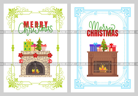 Merry Christmas, stone fireplace with New Year traditional decorations vector in frame. Natural, rustic mantelpiece with burning logs in fire, presents. Merry Christmas, Stone Fireplace New Year Decor. Стоковая иллюстрация, агентство Ingram Publishing / Фотобанк Лори