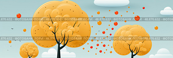 Mesmerizing painting capturing beauty of lush forest with trees gracefully shedding colorful leaves. Стоковое AI-изображение, AI-художник Данила Большаков / Фотобанк Лори