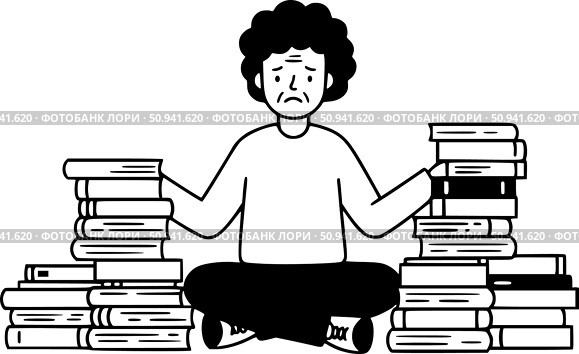 Метафора неспособности принимать решения. На полу лежит много книг, а человек не может выбрать книгу, что свидетельствует о замешательстве, сомнениях и трудностях с принятием решения. Стоковое AI-изображение, AI-художник Ирина Першина / Фотобанк Лори