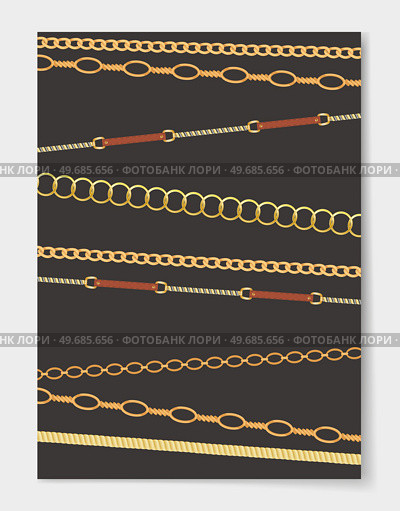Metal chainlets with variety chain links. Gold, silver, stainless steel necklaces vector illustration isolated on black background. Jewelry from precious metals. For jewelry store ad, fashion concept. Metal chainlets with variety chain links. Gold silver stainless steel necklaces on black background. Стоковая иллюстрация, агентство Ingram Publishing / Фотобанк Лори