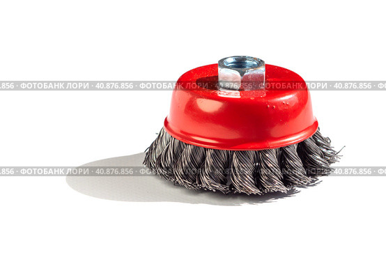 Metal cup brush, for cleaning surfaces from rust and paint, on a white background. Стоковое фото, фотограф Александр Кротков / Фотобанк Лори