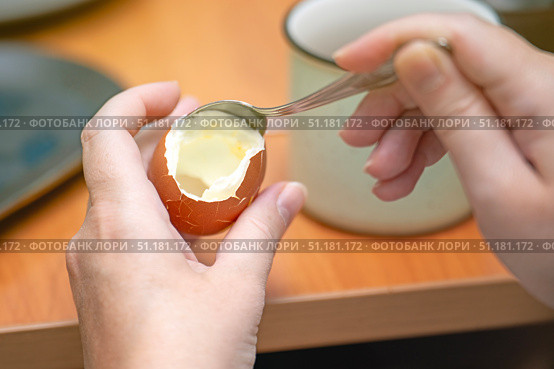 Metal teaspoon scraping remnants of boiled egg from its shell after eating. Стоковое фото, фотограф Татьяна Степанищева / Фотобанк Лори