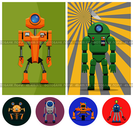 Metal unusual robots with special lenses, colorful buttons, panels with indicators, mechanic limbs and small wheels vector illustrations set.. Metal Unusual Robots with Various Functions Set. Стоковая иллюстрация, агентство Ingram Publishing / Фотобанк Лори