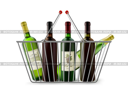 Metallic Shopping Basket With Wine Pictogram. Chrome plated wire metal double handles square shopping basket with wine bottles realistic image pictogram vector illustration. Стоковая иллюстрация, агентство Ingram Publishing / Фотобанк Лори