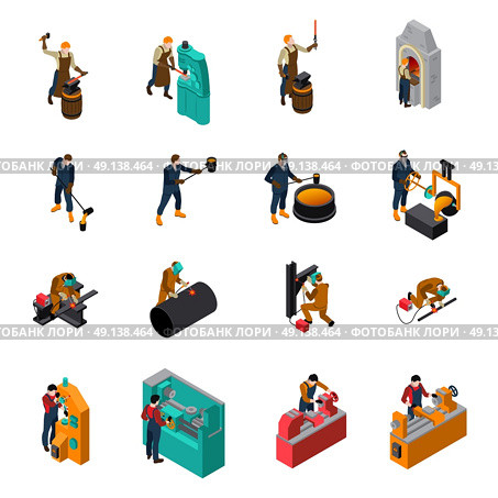 Metalworking Tools Machinery Isometric Icons Collection . Metalworking process equipment tools and machinery isometric icons collection with blacksmith forging wrought iron isolated vector illustration       . Стоковая иллюстрация, агентство Ingram Publishing / Фотобанк Лори