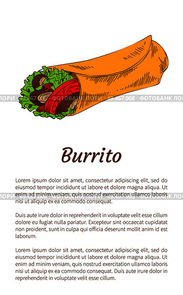 Mexican traditional spicy fast food burrito wrap promo poster with cutline. Color cartoon vector illustration with text sample on white background.. Mexican Spicy Fast Food Burrito Wrap Promo Poster. Стоковая иллюстрация, агентство Ingram Publishing / Фотобанк Лори