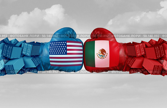Mexico USA or United States trade and American tariffs on the Mexican economy conflict with two opposing trading partners as an economic import and exports dispute concept with 3D illustration elements. Стоковое фото, агентство Ingram Publishing / Фотобанк Лори
