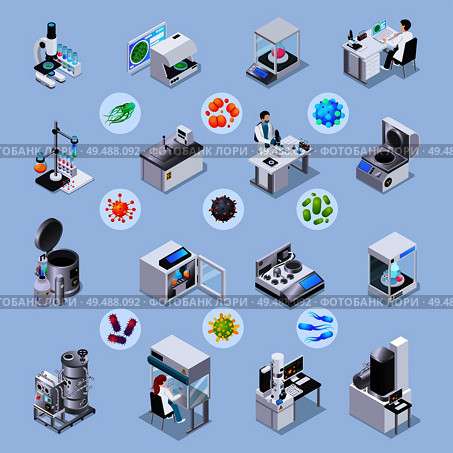 Microbiology isometric set of laboratory equipment for realization of scientific experiments and magnified bacteria and virus images under microscope isolated vector illustration. Стоковая иллюстрация, агентство Ingram Publishing / Фотобанк Лори