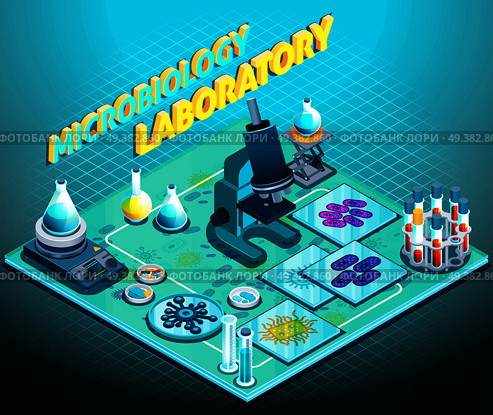 Microbiology laboratory isometric composition on blue gradient background with scientific equipment, flasks and tubes, microorganisms, vector illustration . Microbiology Laboratory Isometric Composition. Стоковая иллюстрация, агентство Ingram Publishing / Фотобанк Лори