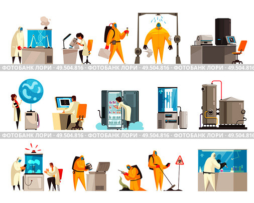Microbiology laboratory set with isolated human characters of scientists in suits with lab equipment and facilities vector illustration. Стоковая иллюстрация, агентство Ingram Publishing / Фотобанк Лори