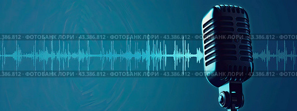 Microphone against the background of wave sounds. Blue background. Copy space. Стоковое AI-изображение, AI-художник Ярославский Максим / Фотобанк Лори