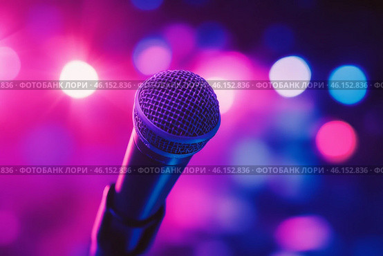 Microphone on the stage in concert hall or conference room. Close-up of a microphone in focus with a blurred pink purple bokeh background. Public speaking and live events concept. Neon light. Audience. Стоковое AI-изображение, AI-художник Марина Демидюк / Фотобанк Лори