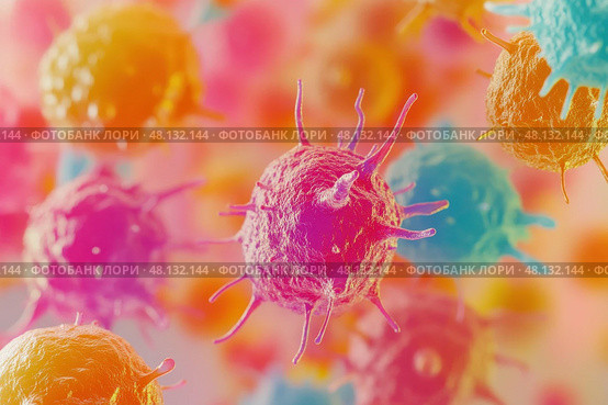 Microscopic view of colorful pathogens attacking human body. Стоковое AI-изображение, AI-художник Юрий Поздников / Фотобанк Лори