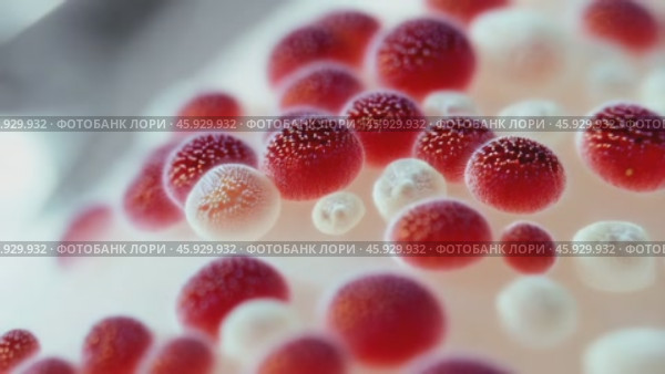 Microscopic view of red and white blood cells moving on white background. Стоковое видео, видеограф Данил Руденко / Фотобанк Лори