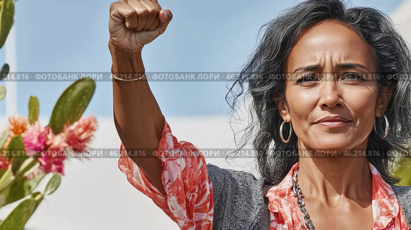 Middle aged latin american woman with raised fist of empowerment, strength and women solidarity, International Womens Day concept. Стоковое AI-изображение, AI-художник Анастасия Золотницкая / Фотобанк Лори