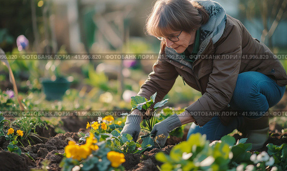 Middle aged woman plants flowers in the garden. Spring time. Стоковое AI-изображение, AI-художник Катерина Ковалева / Фотобанк Лори